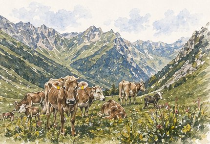 Aquarell einer Bergweide im R&auml;tikon mit einer kleinen Herde Braunvieh.