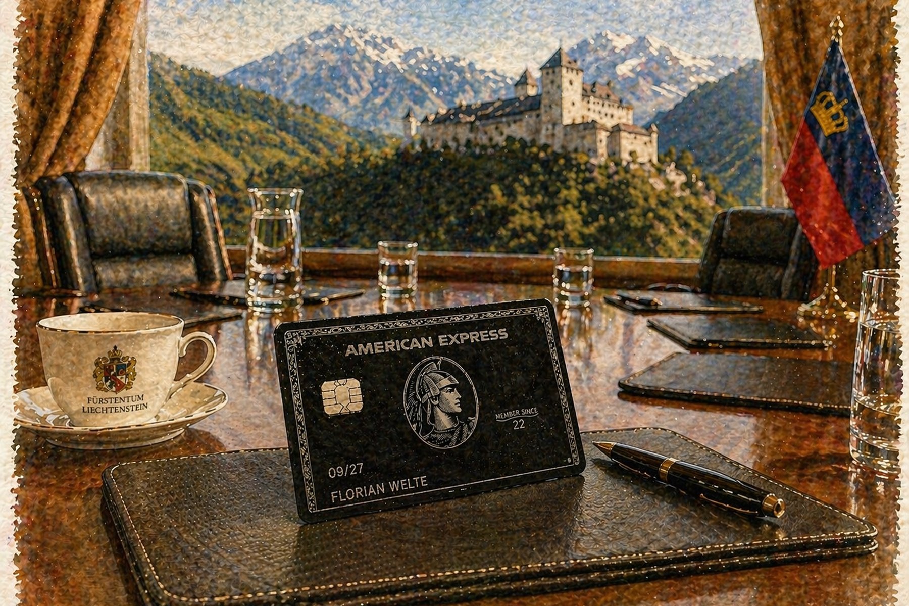 Aquarell eines Sitzungsraums mit Blick auf Schloss Vaduz und die Liechtensteiner Flagge; auf dem Tisch eine schwarze Centurion-Karte aus Metall, eine Tasse mit dem Aufdruck F&uuml;rstentum Liechtenstein, ein Notizbuch und ein F&uuml;ller.