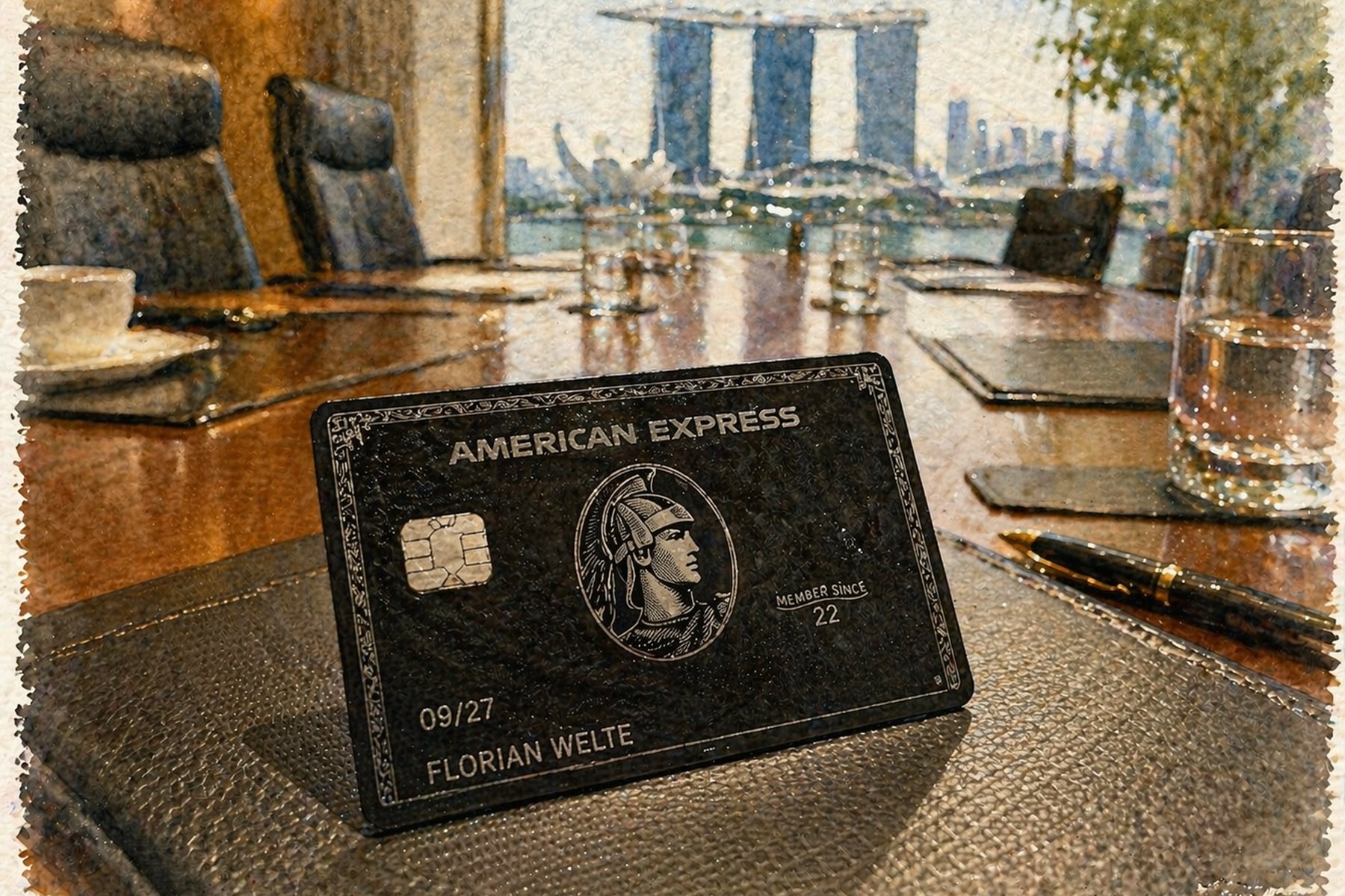 Dieselbe Centurion-Karte, diesmal auf einem Sitzungstisch mit Blick &uuml;ber die Marina Bay nach Singapur und das Marina Bay Sands.