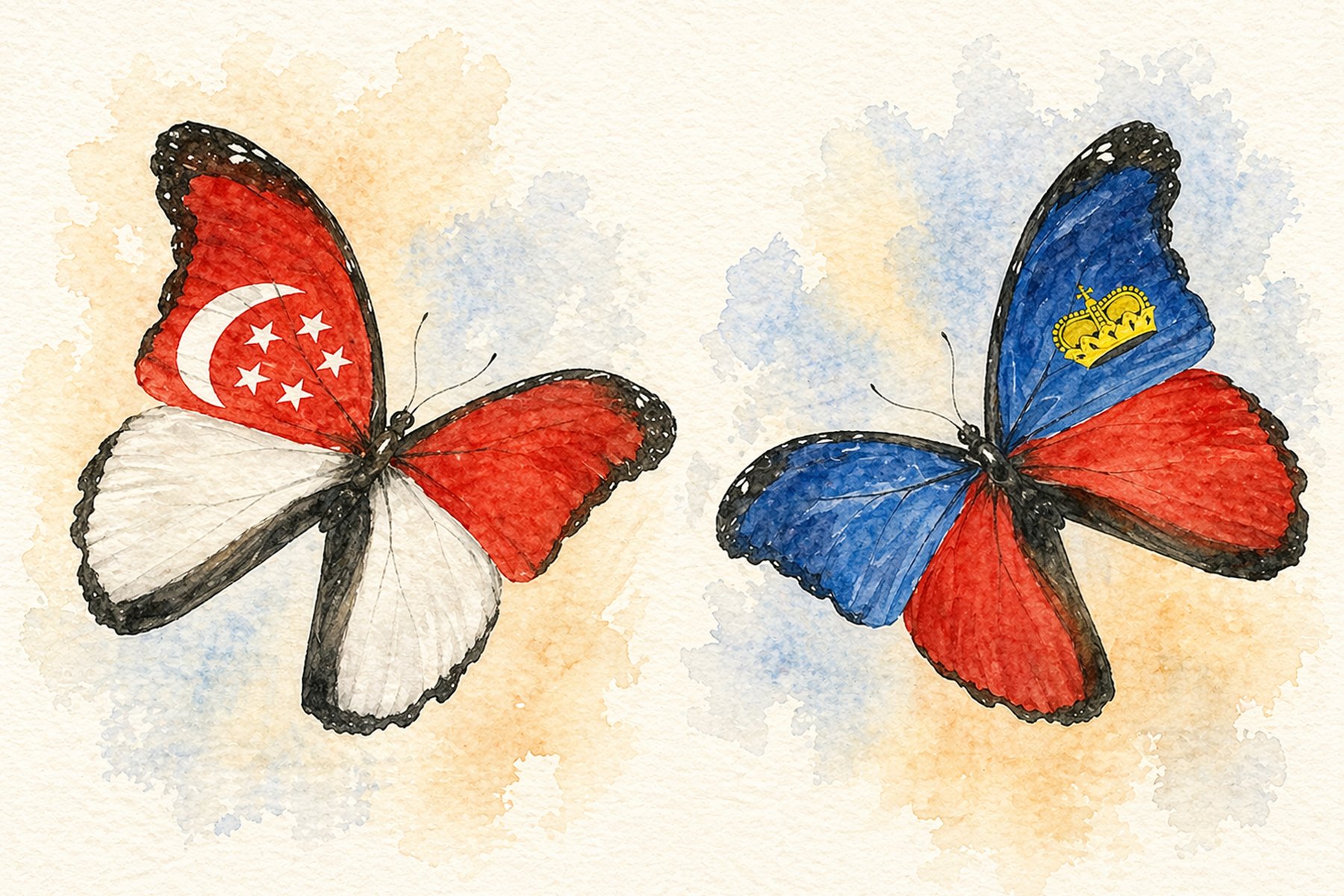 Zwei Aquarell-Schmetterlinge: links in den Farben Singapurs (rot-wei&szlig; mit Halbmond und Sternen), rechts in den Farben Liechtensteins (blau-rot mit goldener Krone).