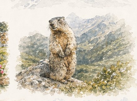 Aquarell eines Murmeltiers, das aufrecht auf einem Stein in den Bergen sitzt.