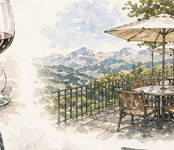 Aquarell einer kleinen Terrasse mit zwei Stühlen, einem runden Tisch und einem Sonnenschirm, mit Blick auf das Tal.