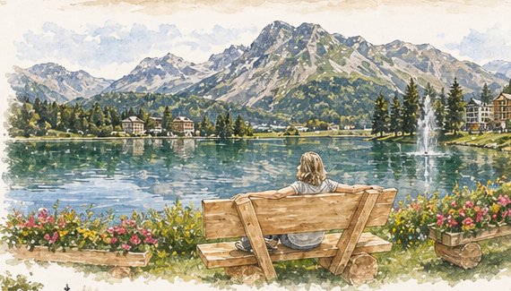 Aquarell einer Holzbank an einem Bergsee mit Bl&uuml;ten am Ufer und Bergen im Hintergrund.
